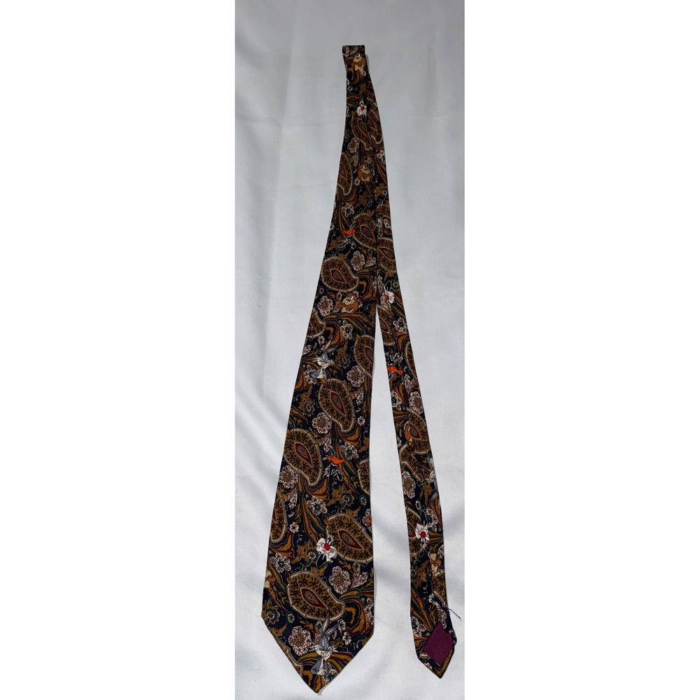 Vintage 1993 Looney Tunes Mania Paisley Silk Tie Bugs Bunny Daffy Duck Mens Navy